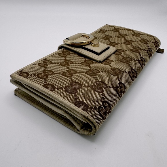 Authentic GUCCI GG Beige Canvas Gold Leather Zip Long Wallet - Picture 4 of 16